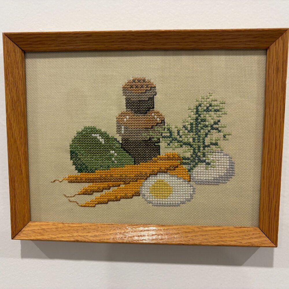Framed Cross-Stitch Wall Art Garden Vegetables, Spice Bottle, Eggs Vtg. 1970s - Picture 1 of 6